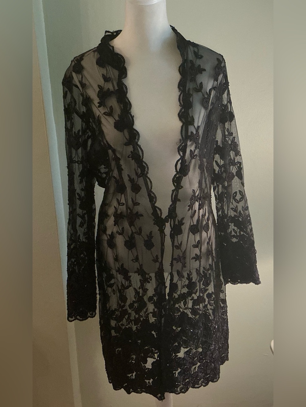 Black Beaded Sheer Open Front Duster Cocktail Duster Cocktail Jacket Medium
